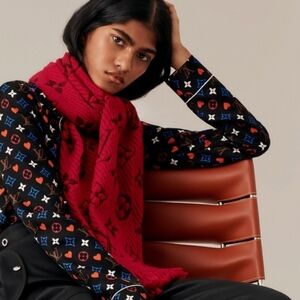 Louis Vuitton Burgundy Monogram Logomanja Knit Scarf 6% Silk 94% Wool